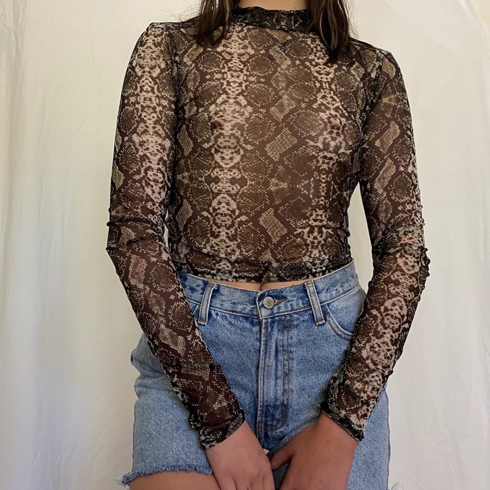Zara snake skin printed mesh mock neck long sleeve